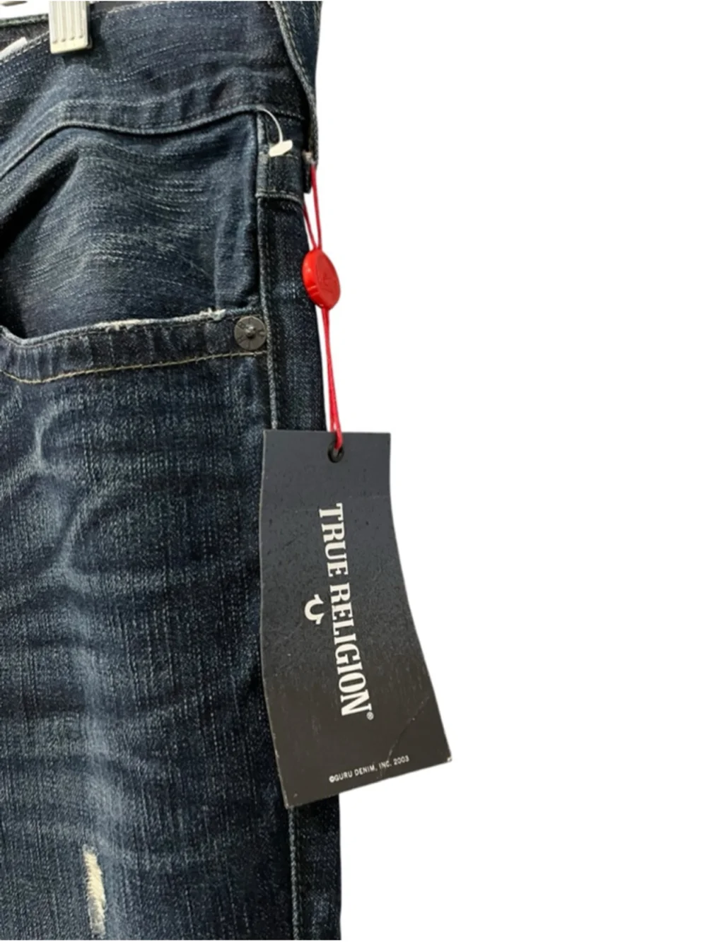 True Religion NWT Geno Slim Jeans Men's Size 36 Distressed Dark Wash Flap Pocket
